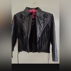 Genuine Leather Motorcycle Jacket With Rose and Fringe all over